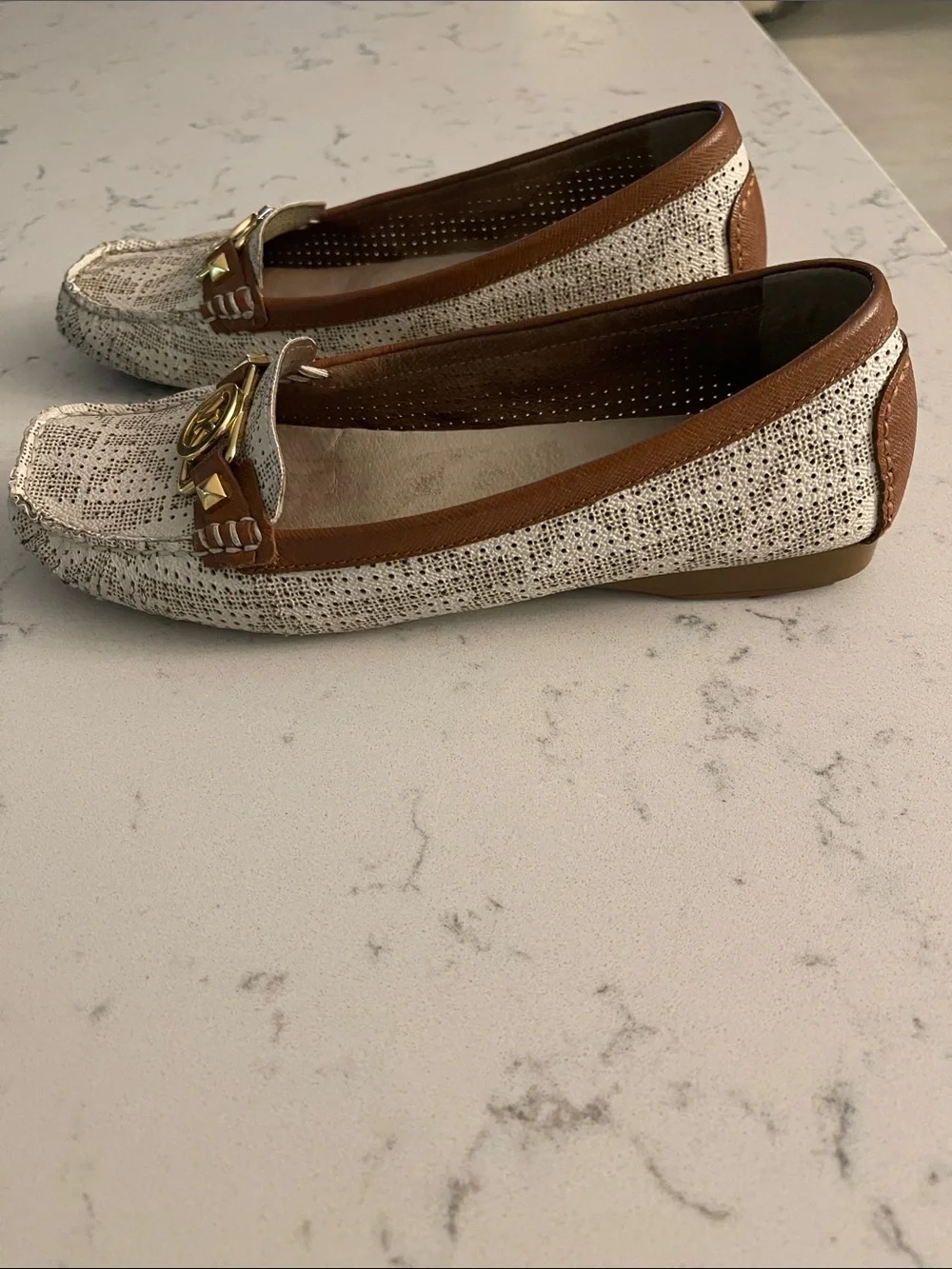 Michael Kors Cream Patterned & Brown Leather MK Logo Loafers